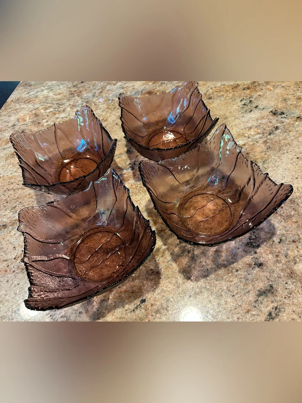 Arcoroc France (4) Set Amethyst Glass Cabbage/Sculpted Leaf Bowls 5.5”x3.5”